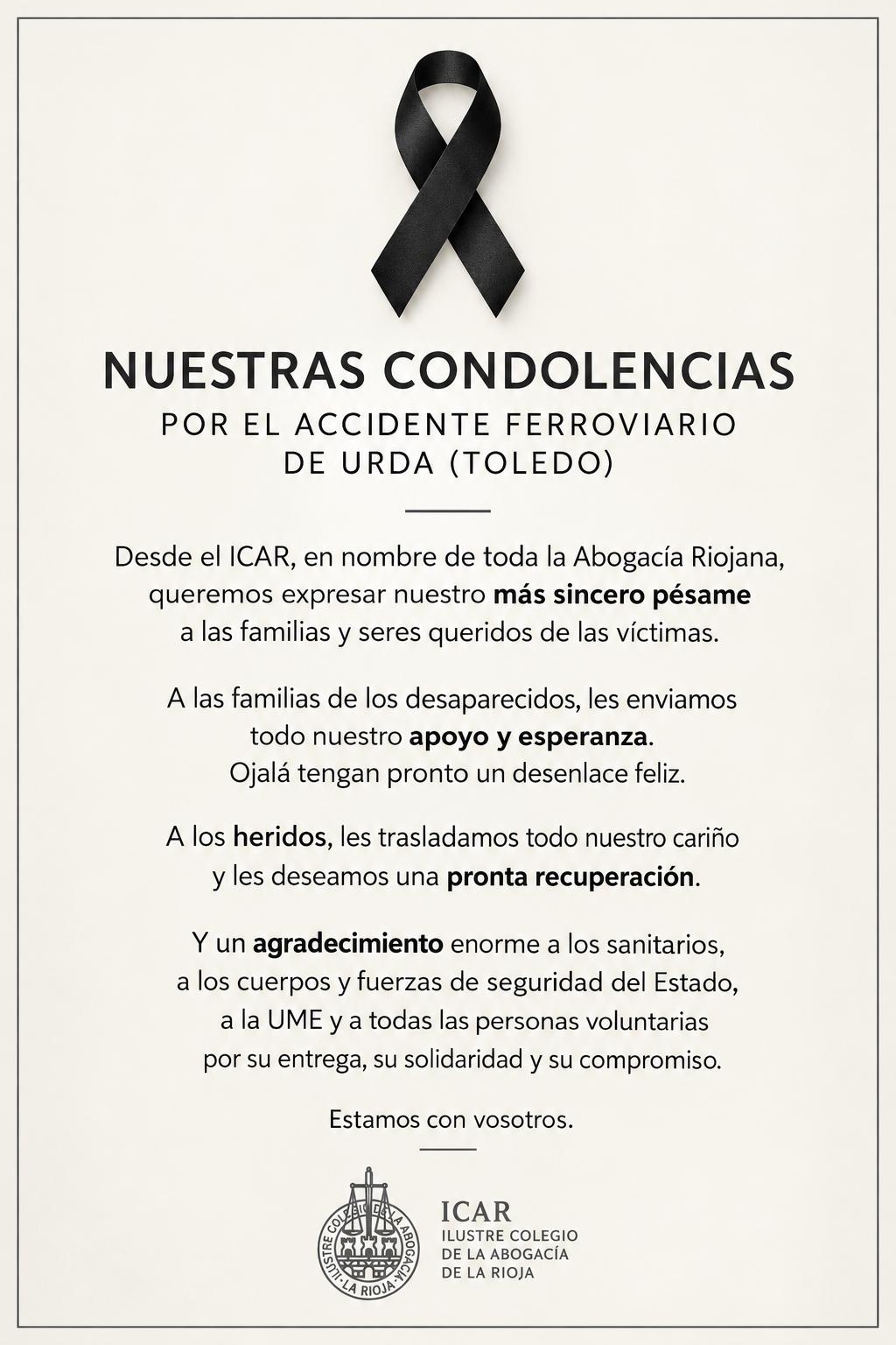 CONDOLENCIAS COLEGIALES POR EL ACCIDENTE FERROVIARIO DE URDA (TOLEDO)